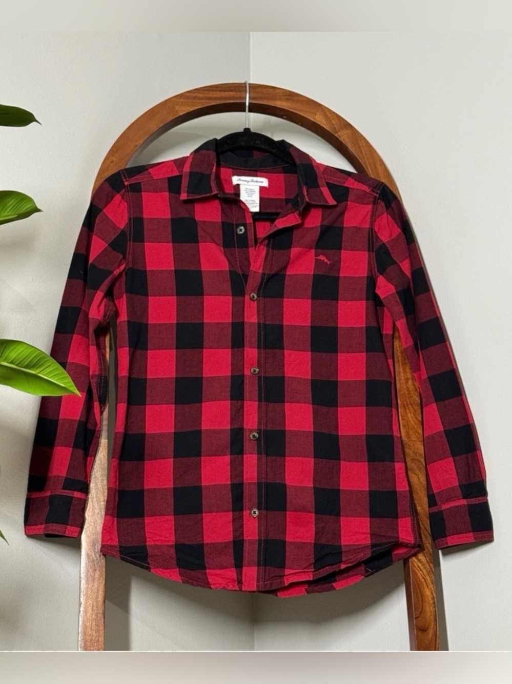 Tommy Bahama LARGE 10/12 Red Black Buffalo Plaid 100% Cotton Long Sleeve Shirt